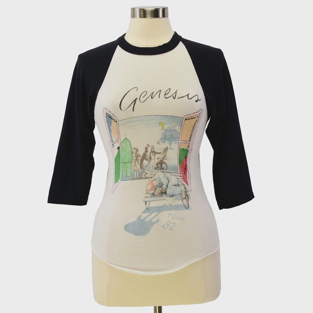 80s Vintage Genesis Tour 82 T Shirt Womens XS Raglan Band Tee Baseball Shirt